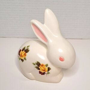Floral Ceramic Bunny Vintage Cotton Ball Dispenser Dated 1981